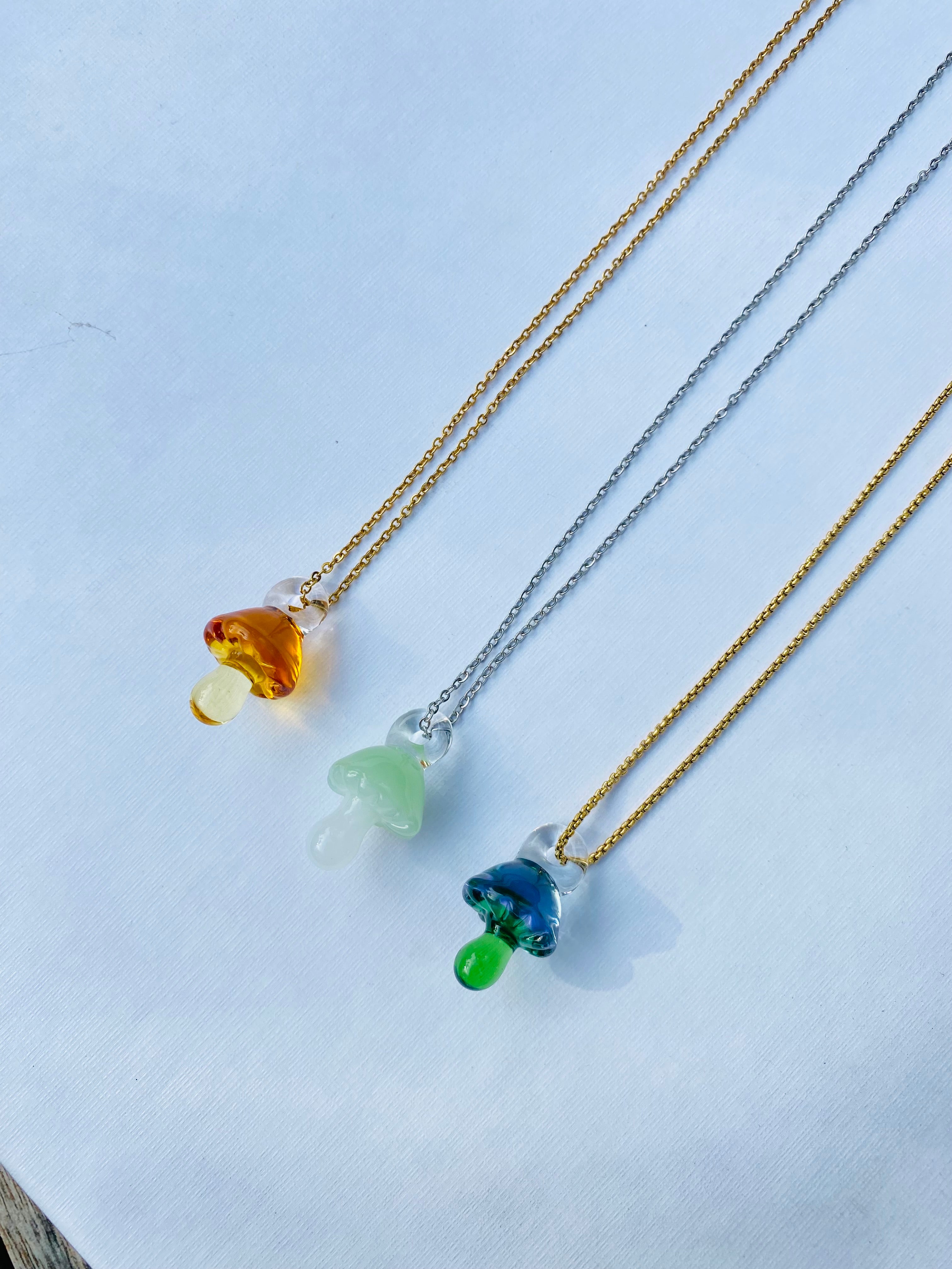 Two Coloured Glass Mushroom Pendant Necklace
