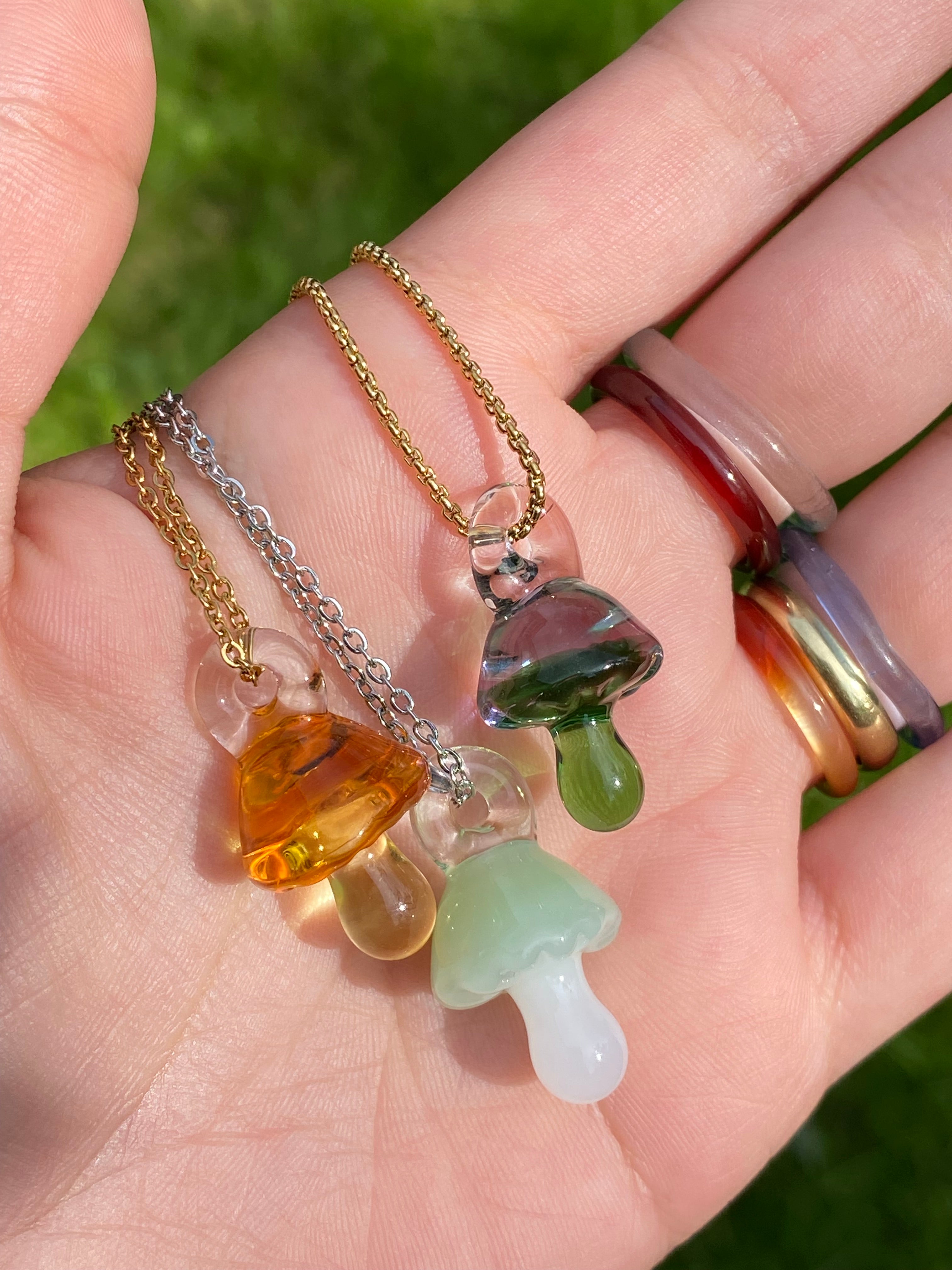 Two Coloured Glass Mushroom Pendant Necklace