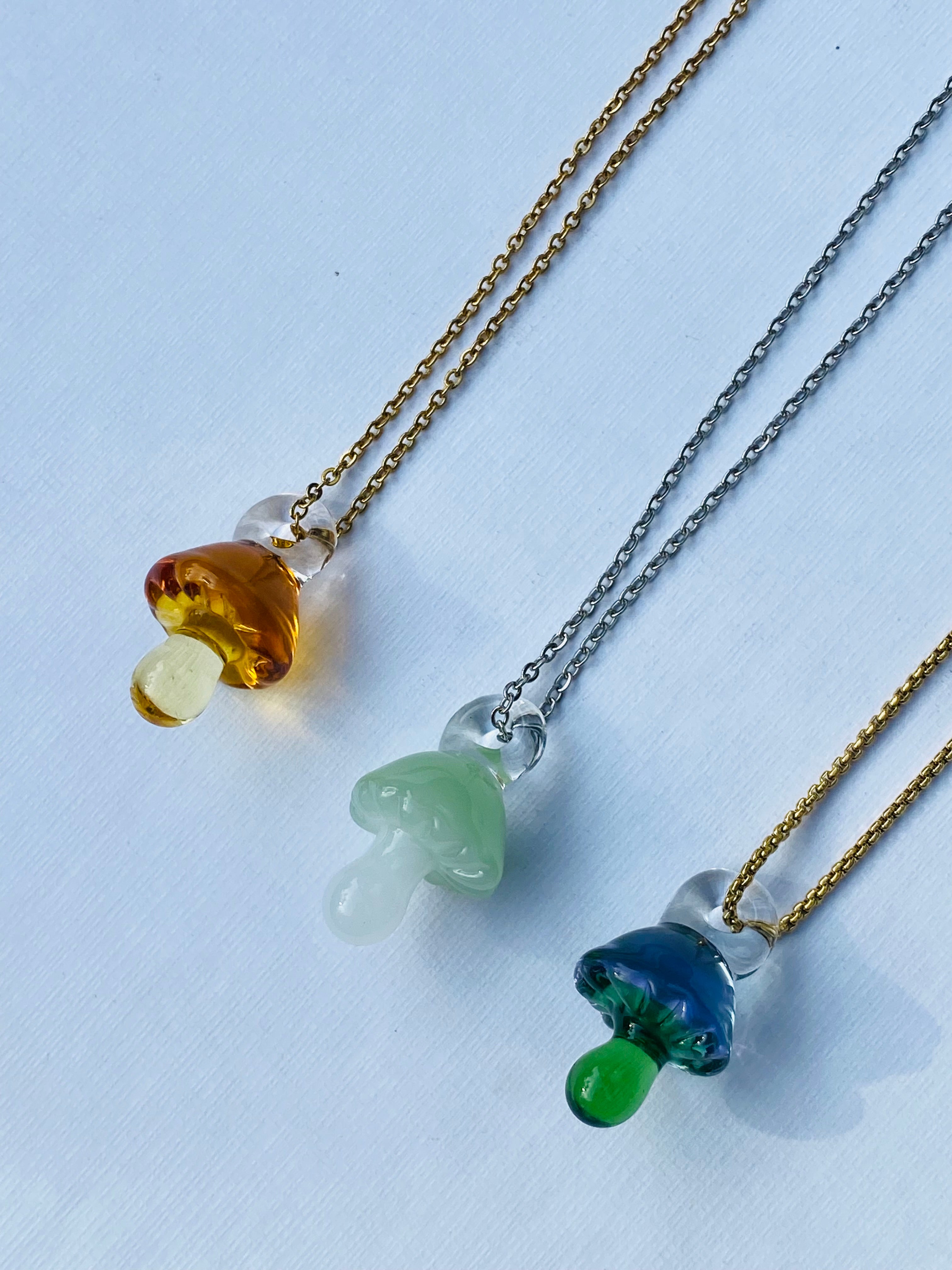 Two Coloured Glass Mushroom Pendant Necklace