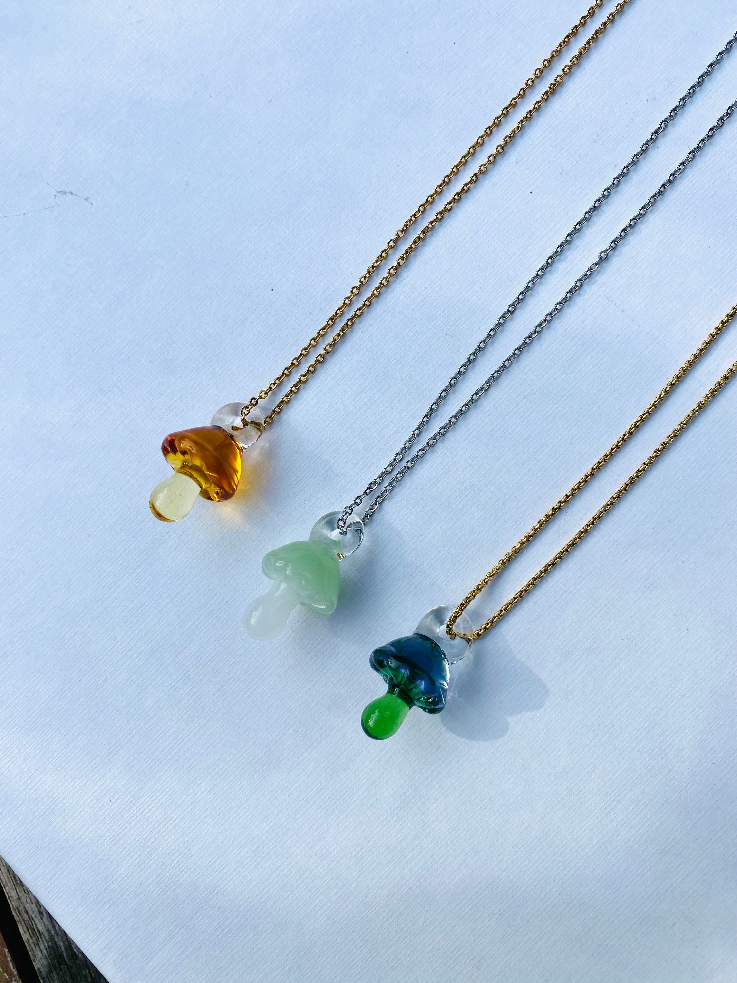 Two Coloured Glass Mushroom Pendant Necklace