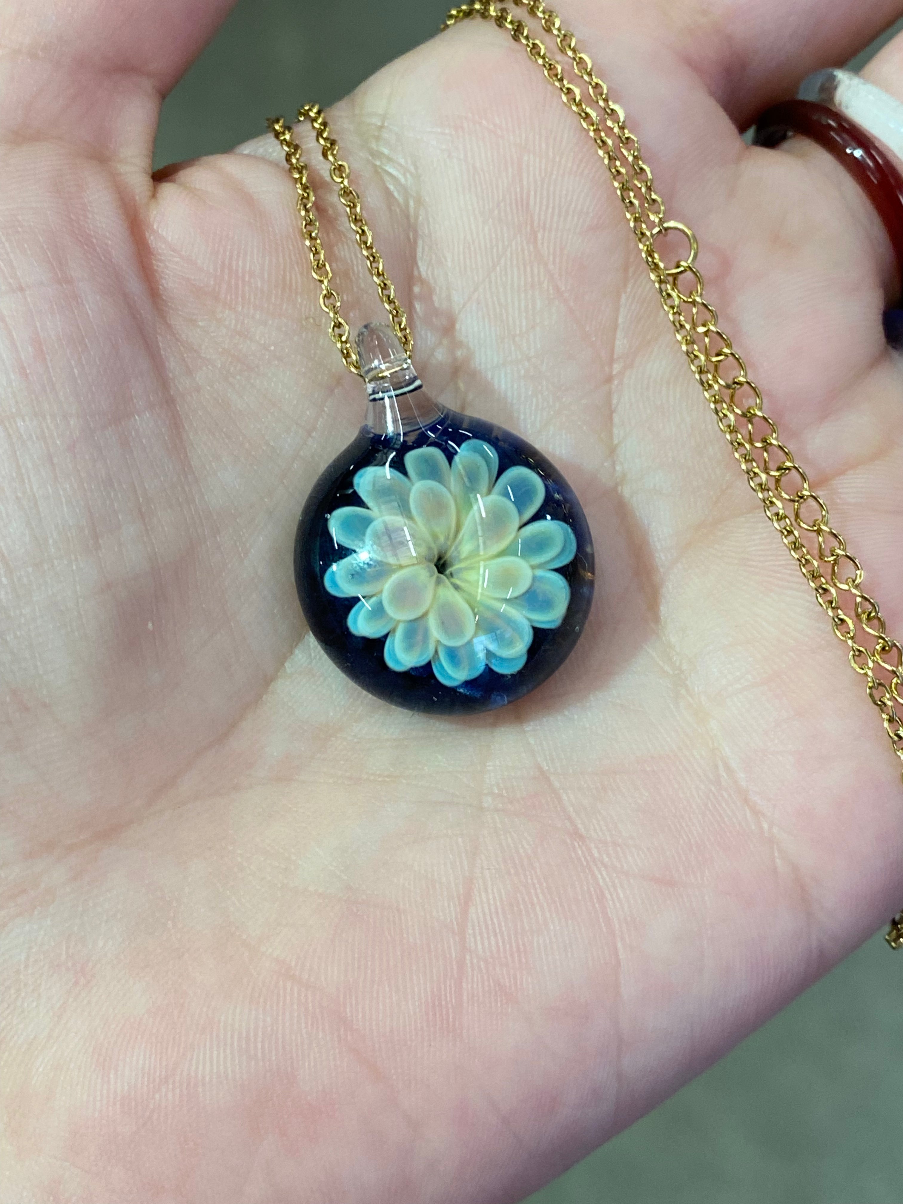 Blue and Silver Flower Implosion Pendant Necklace