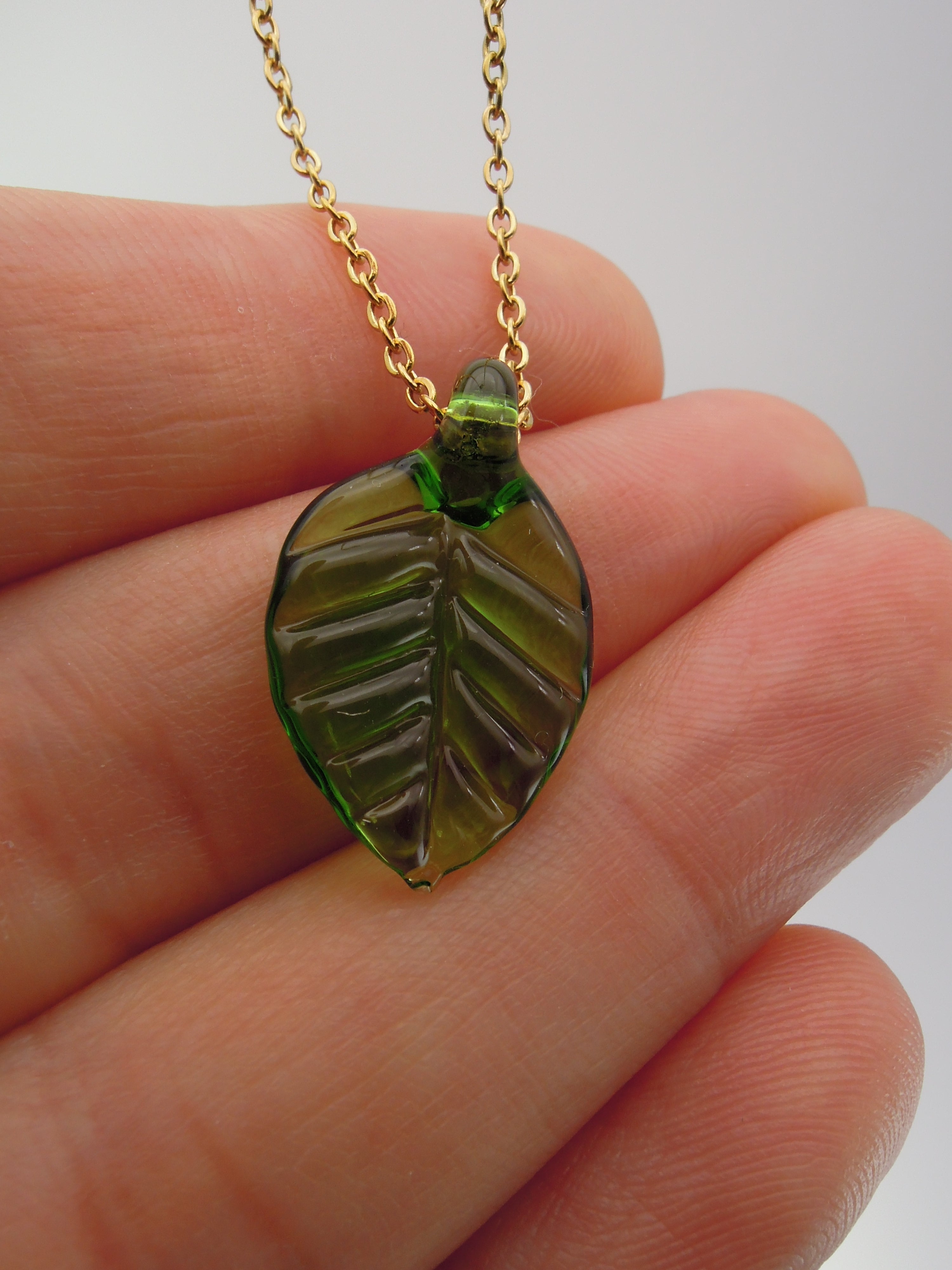 Thatch Green Leaf Glass Charm Necklace