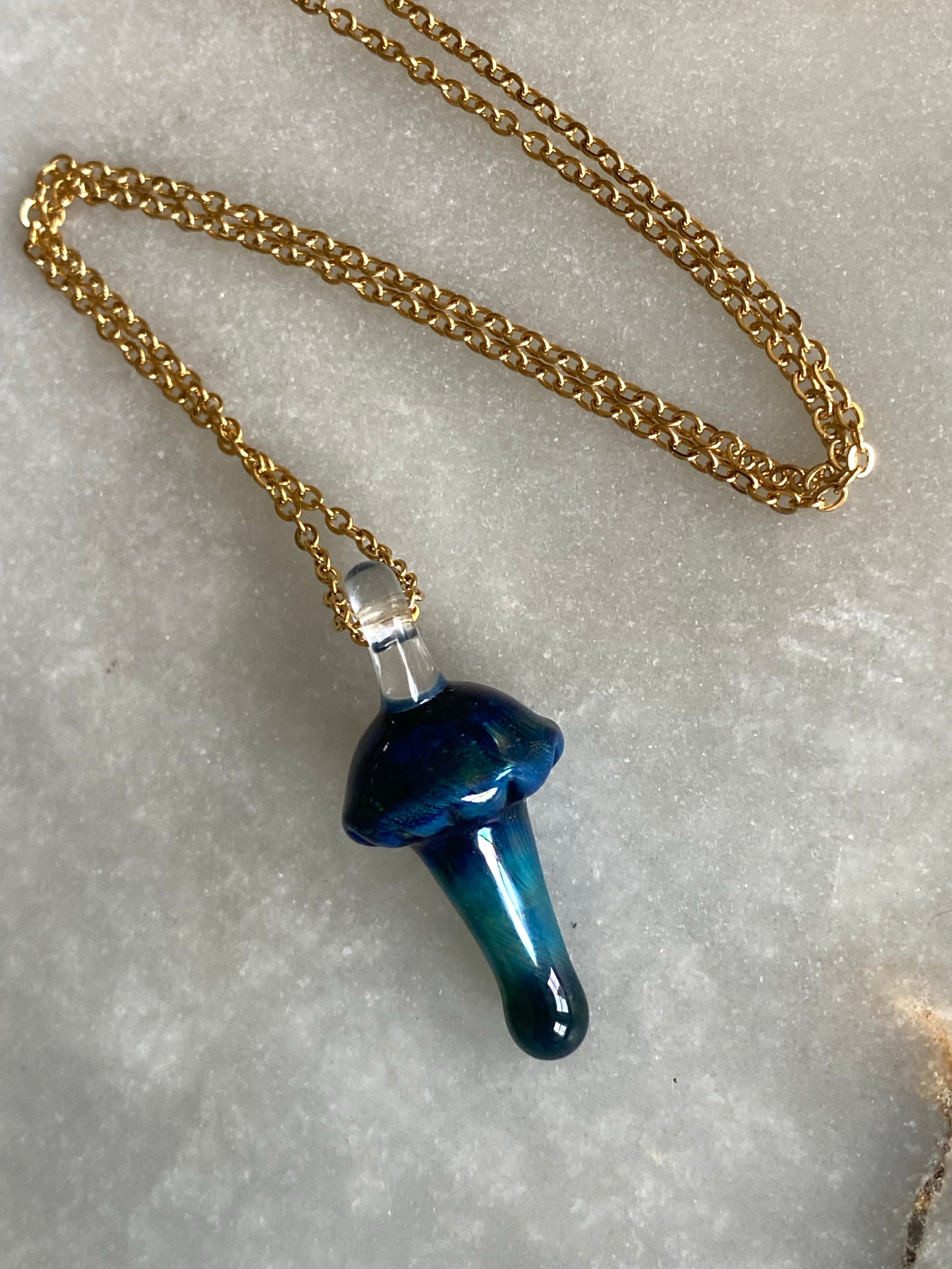 Blue and Dark Green Mushroom Glass Pendant