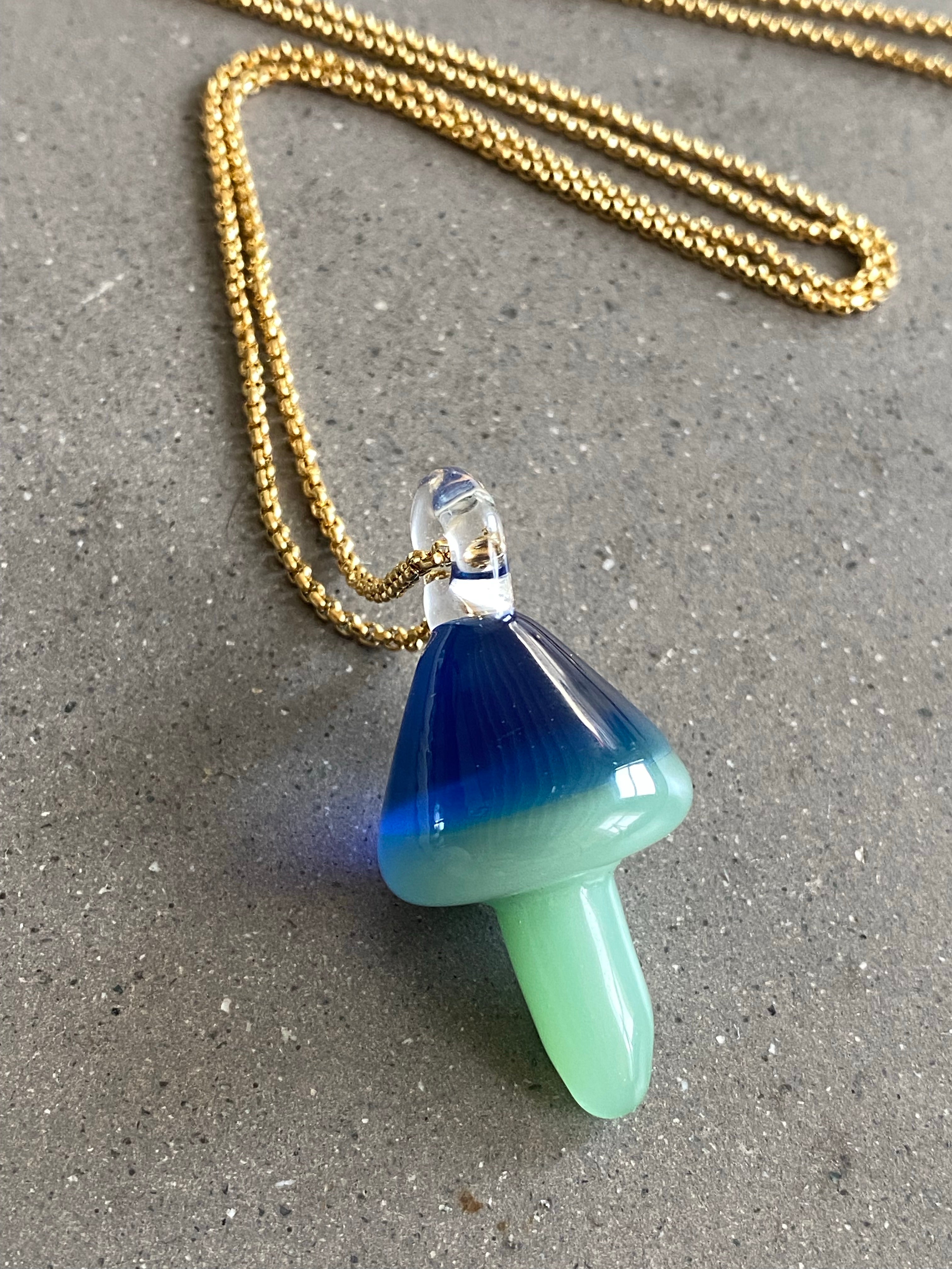 Blue and Green Mushroom Glass Pendant Necklace