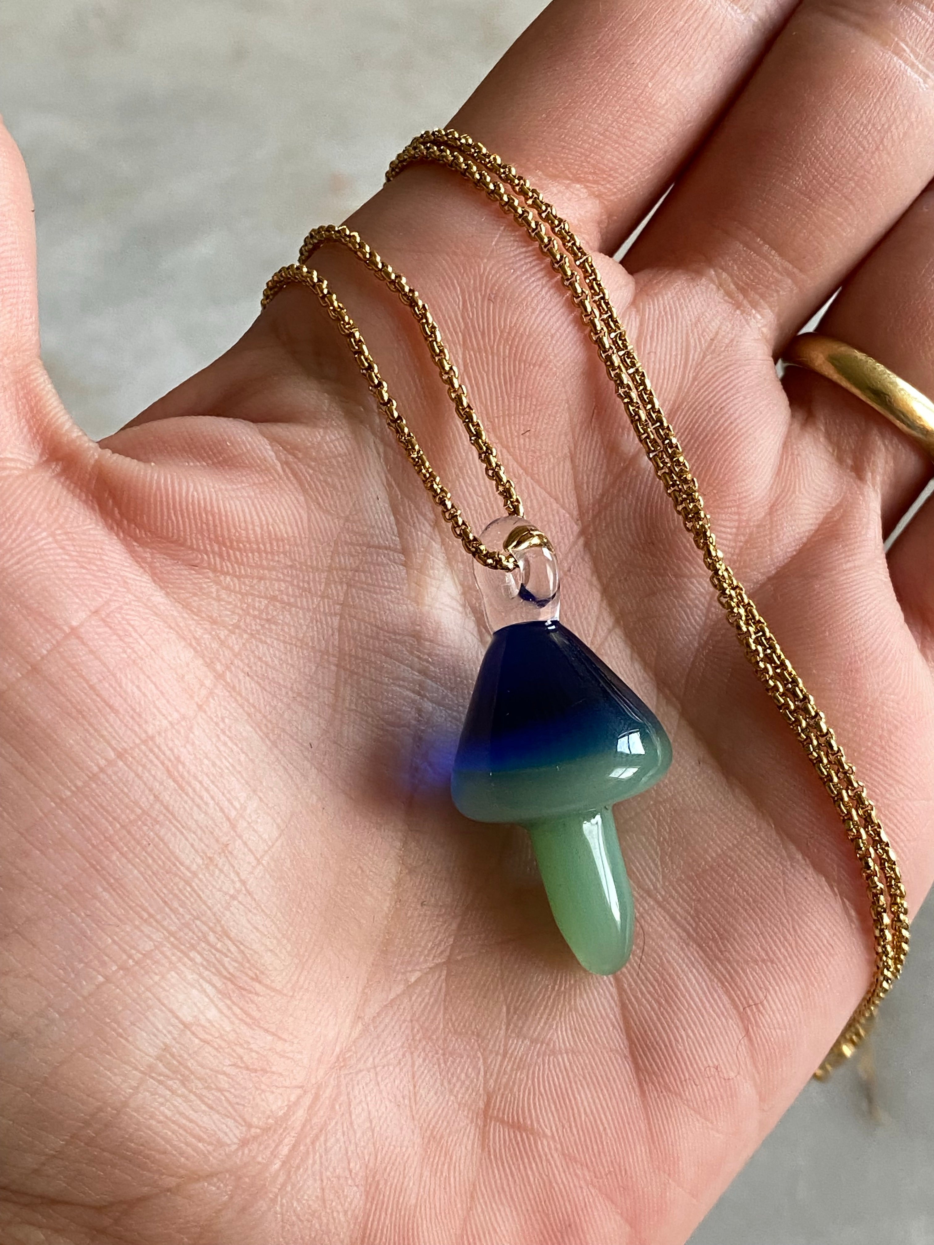 Blue and Green Mushroom Glass Pendant Necklace