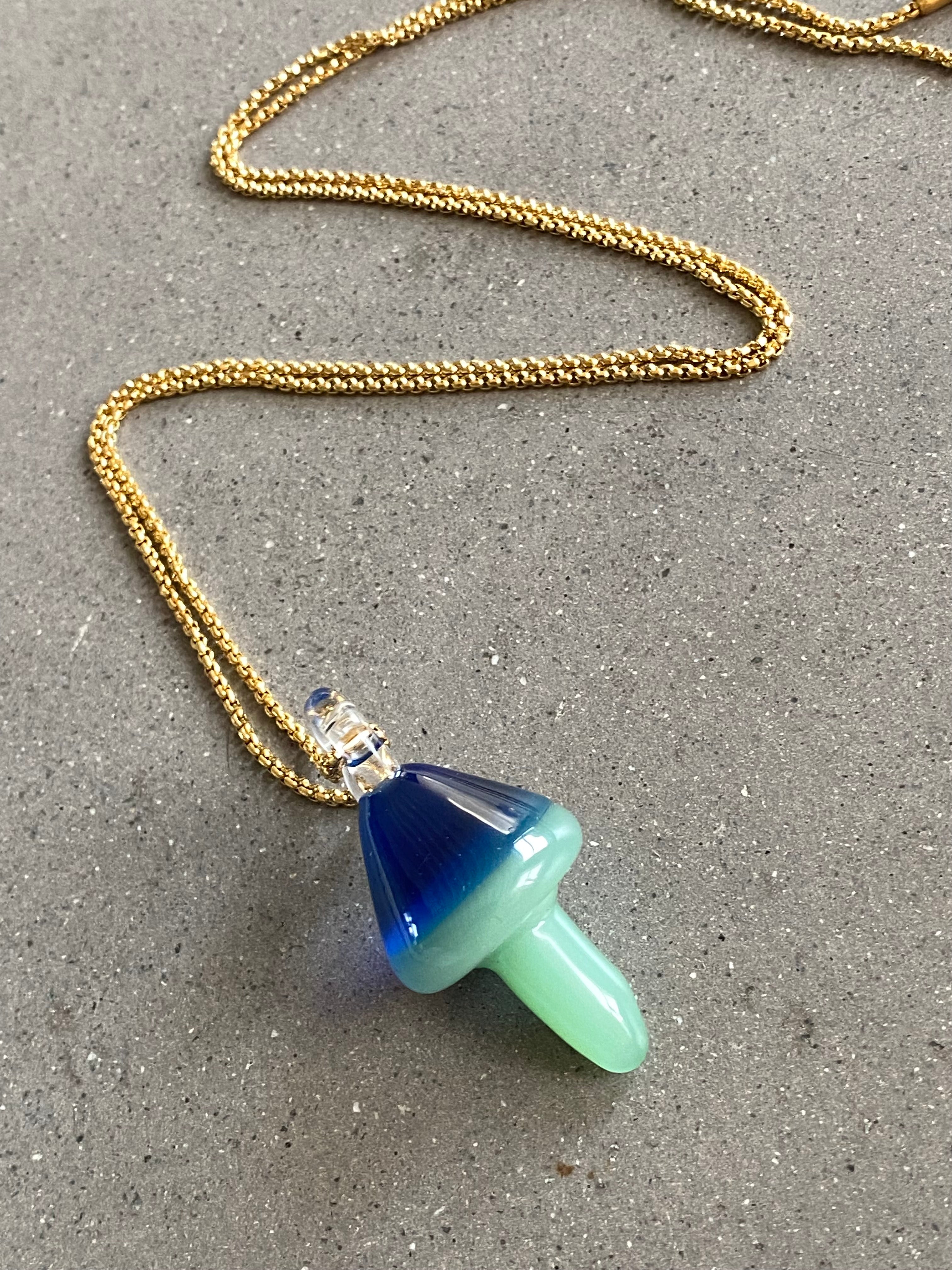 Blue and Green Mushroom Glass Pendant Necklace