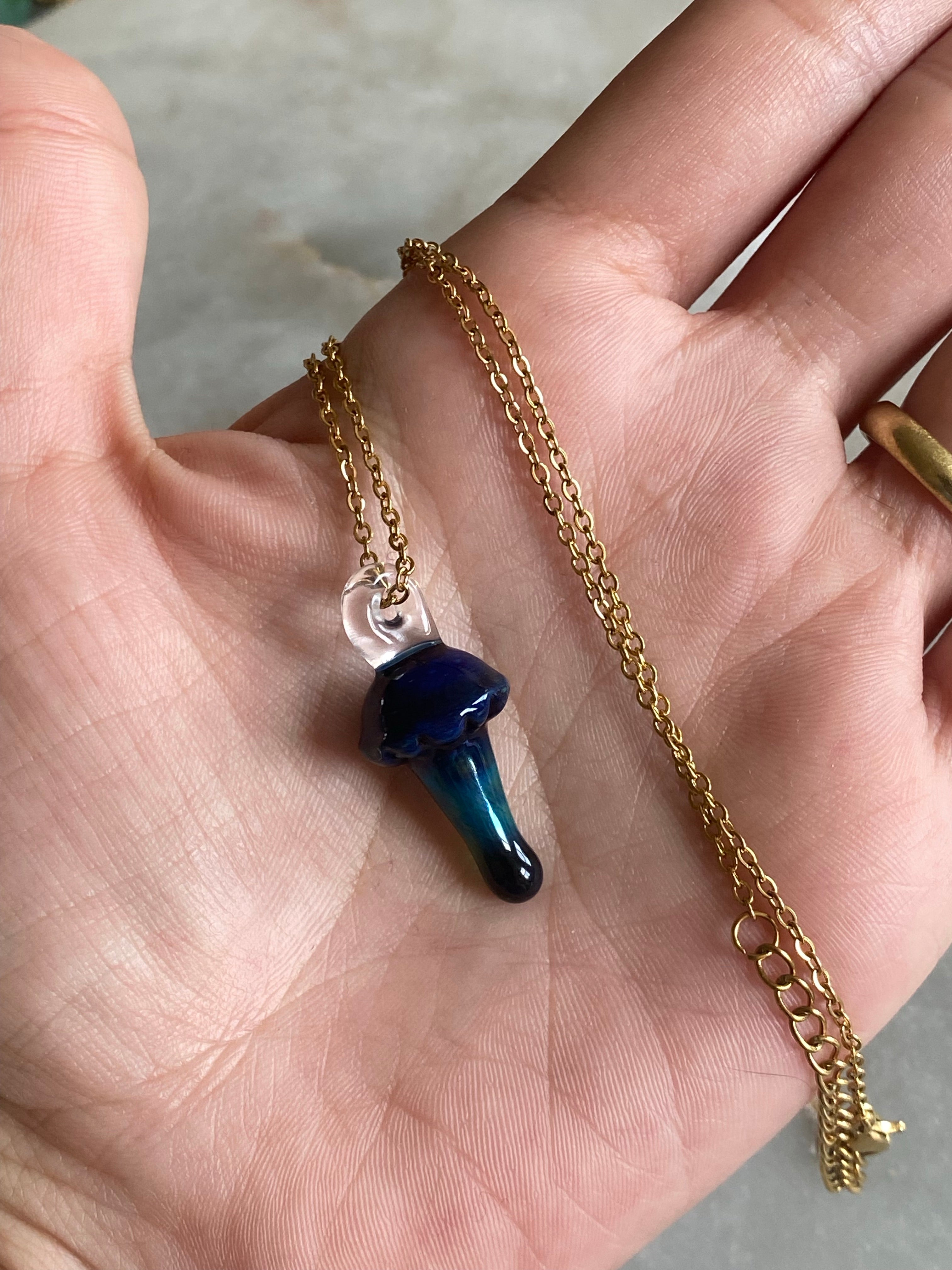 Blue and Dark Green Mushroom Glass Pendant