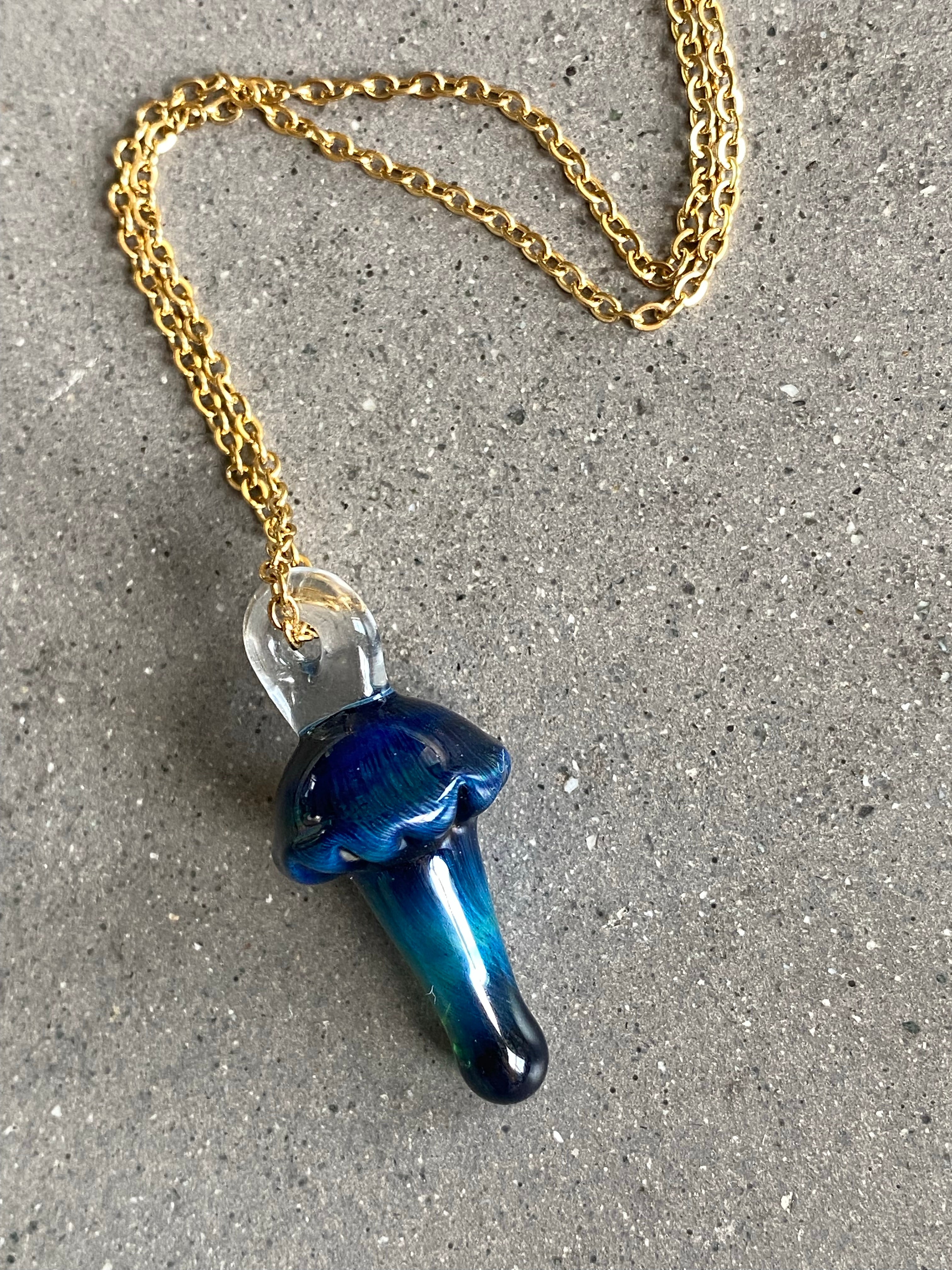 Blue and Dark Green Mushroom Glass Pendant