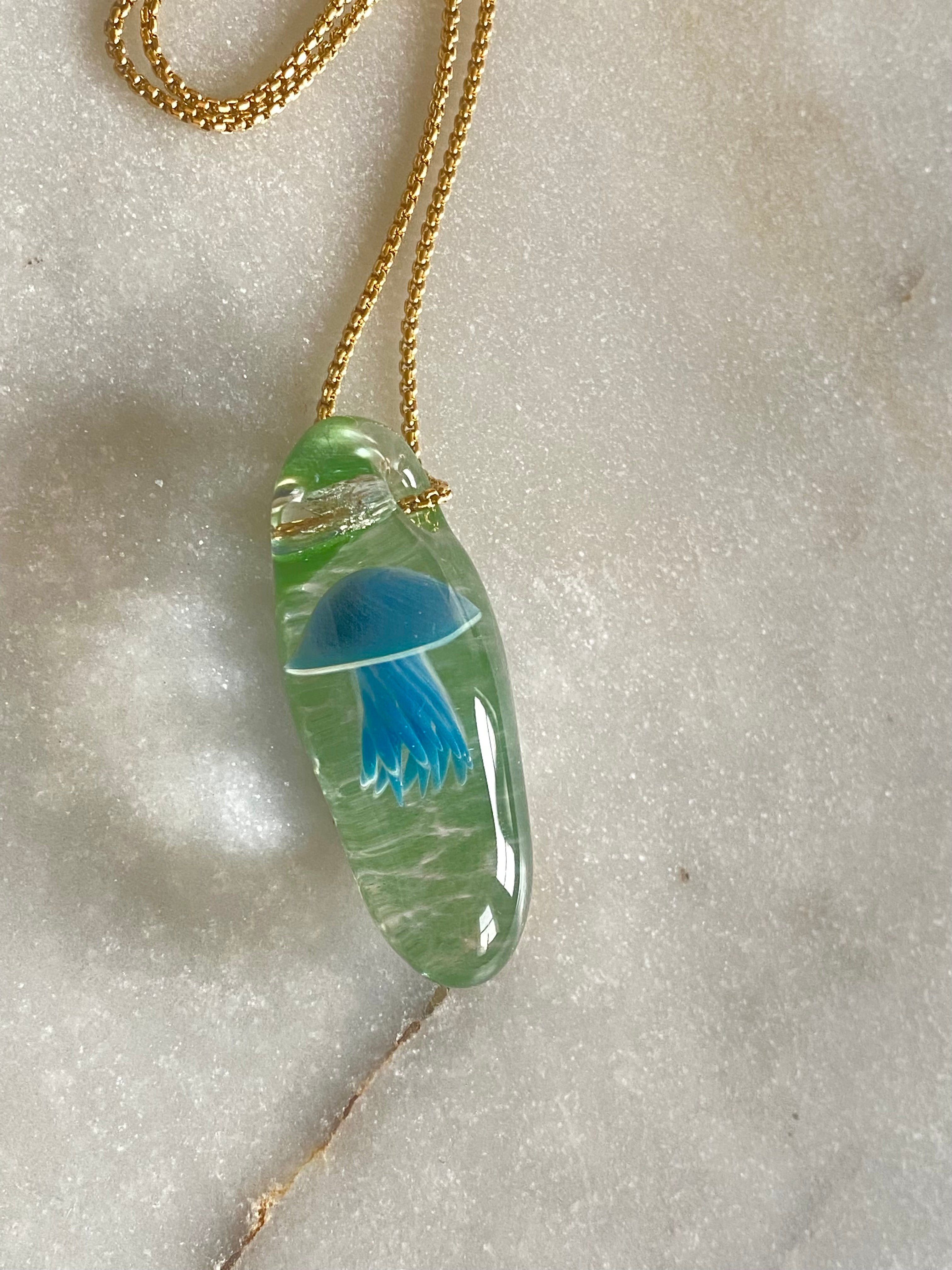 Green and Blue Jellyfish Pendant Necklace
