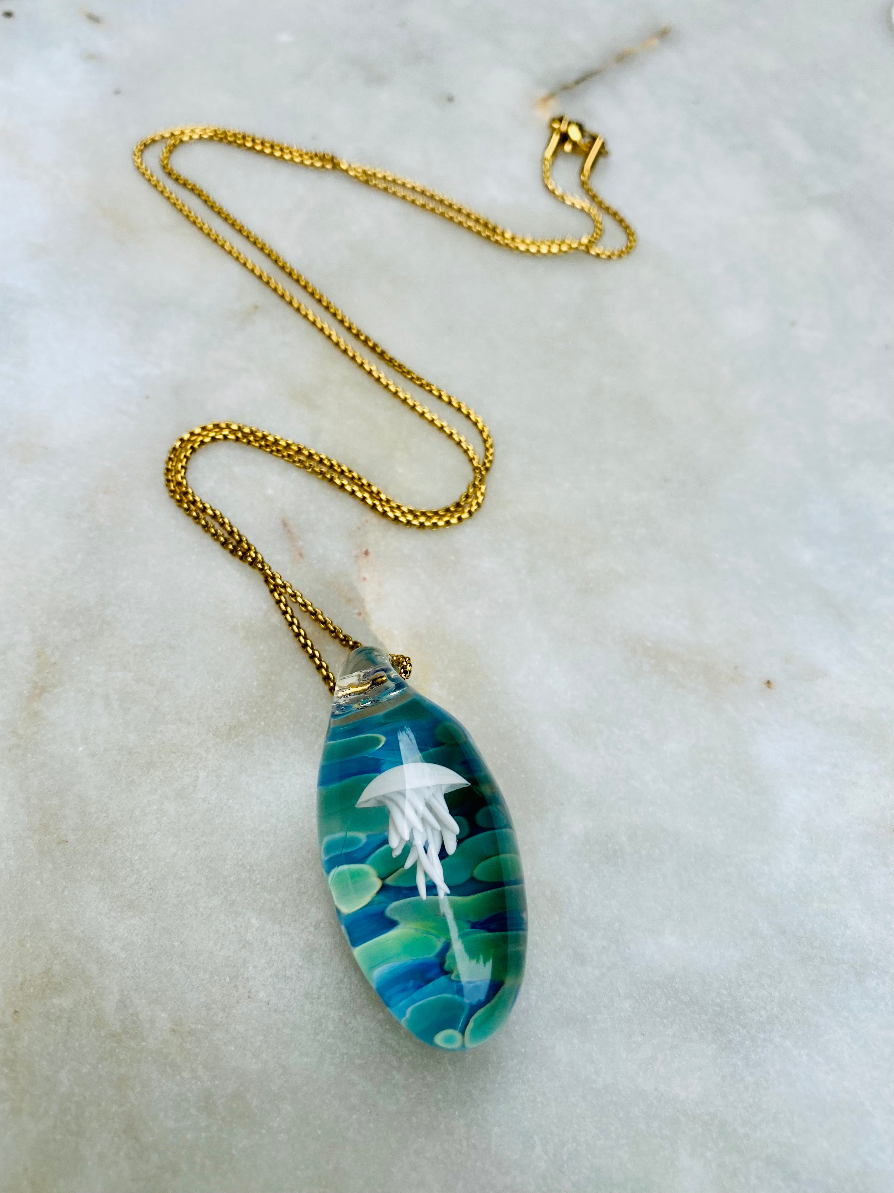 White Blue and Green Jellyfish Pendant