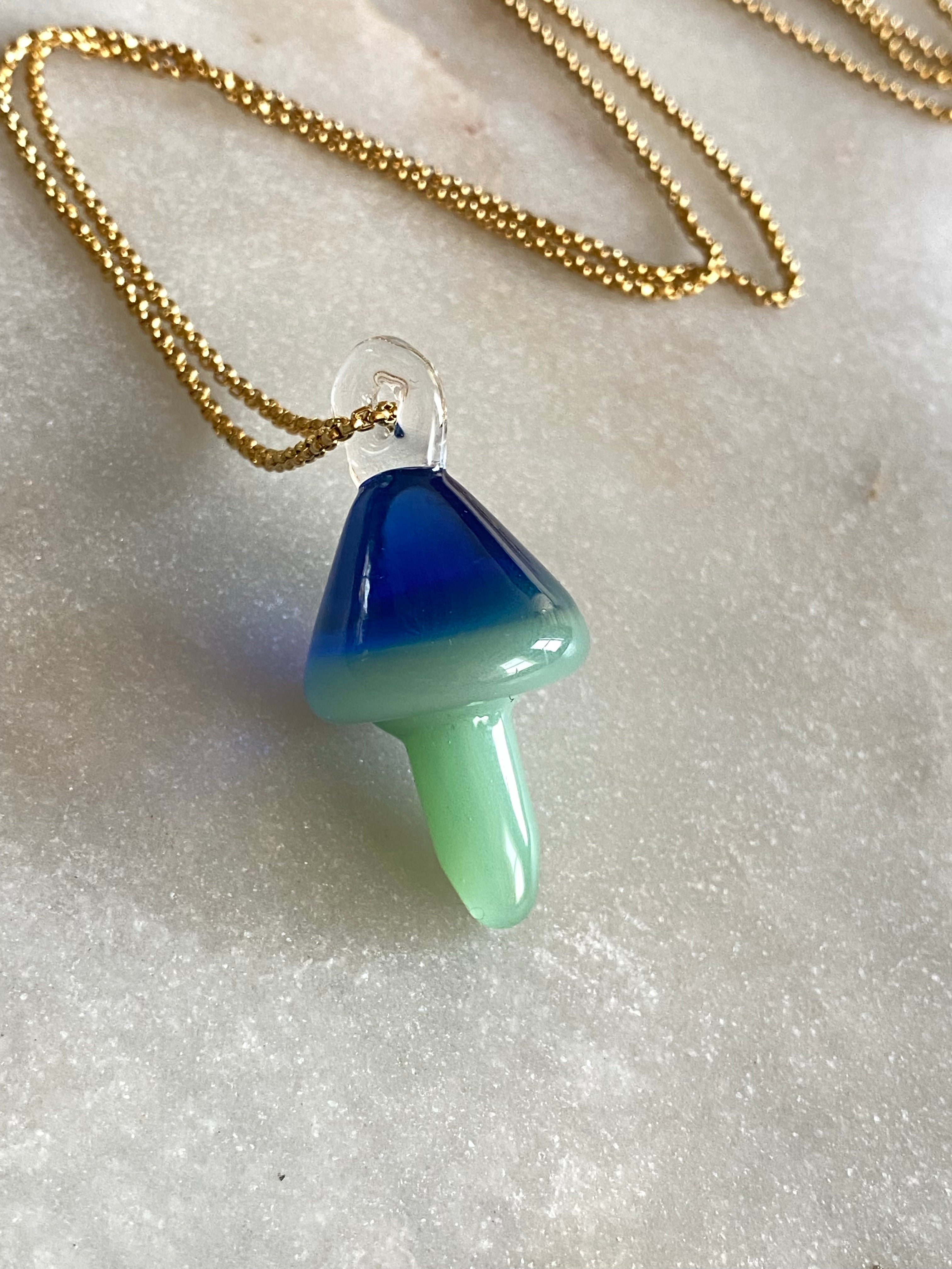 Blue and Green Mushroom Glass Pendant Necklace
