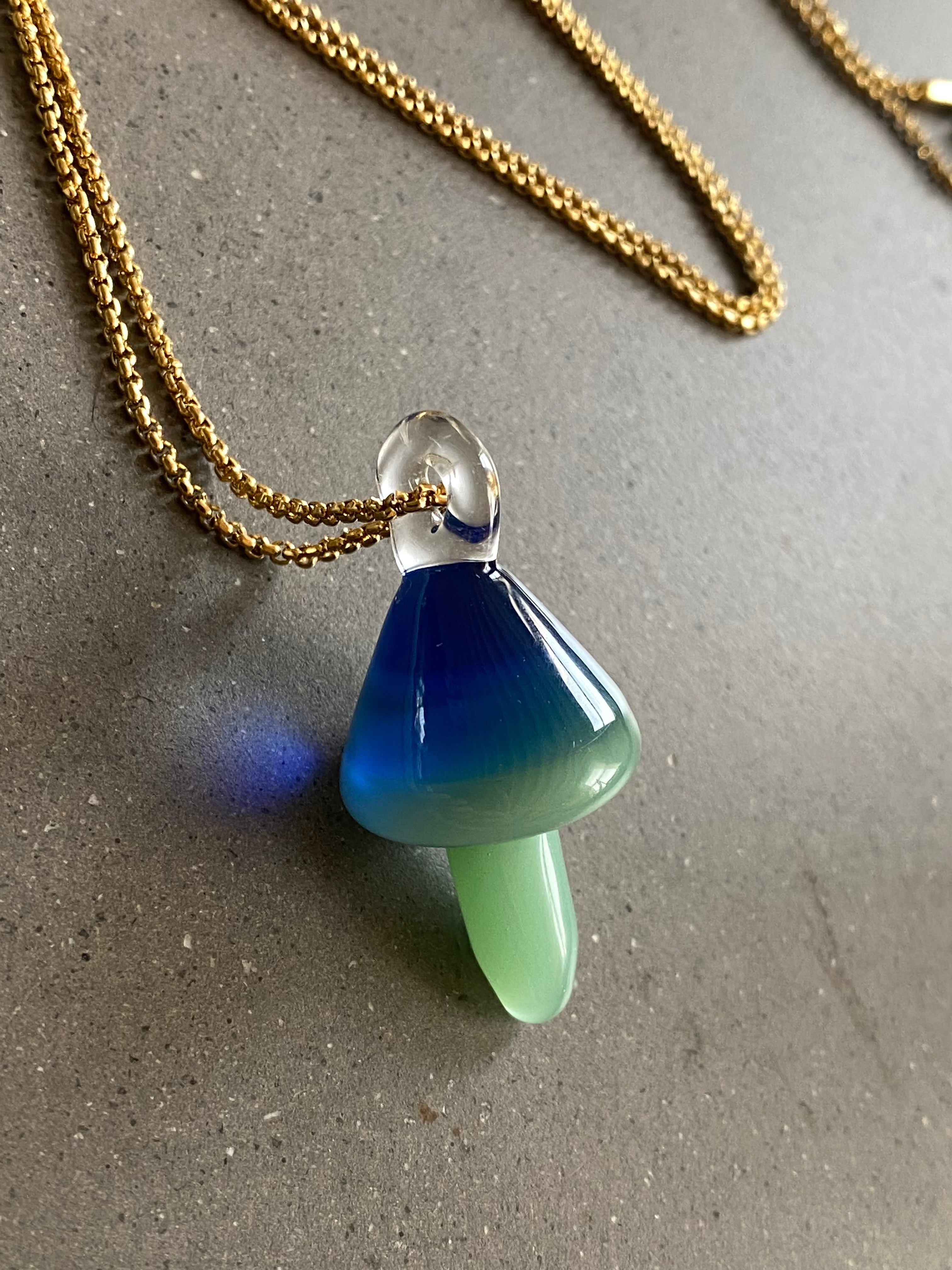 Blue and Green Mushroom Glass Pendant Necklace