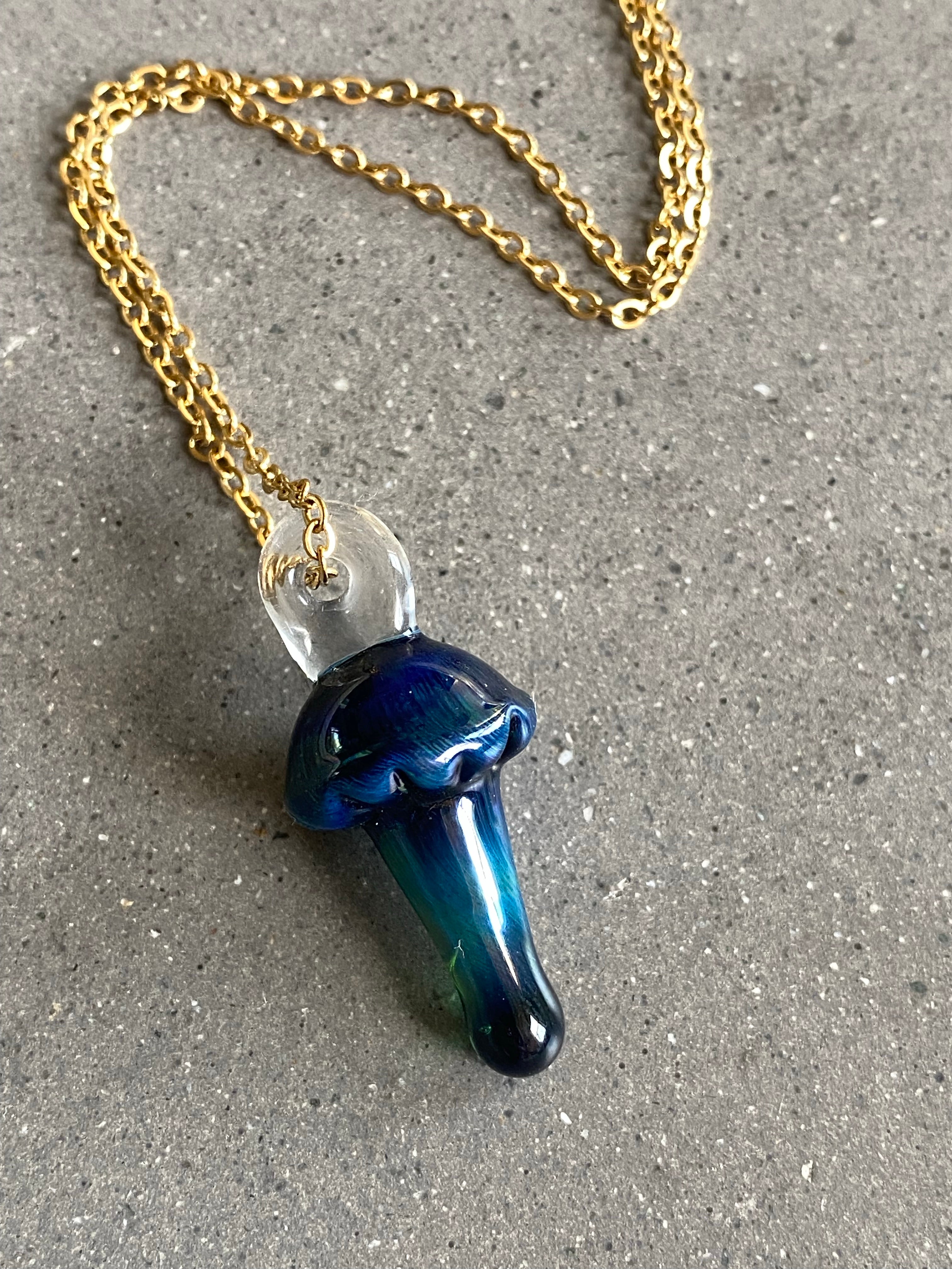 Blue and Dark Green Mushroom Glass Pendant