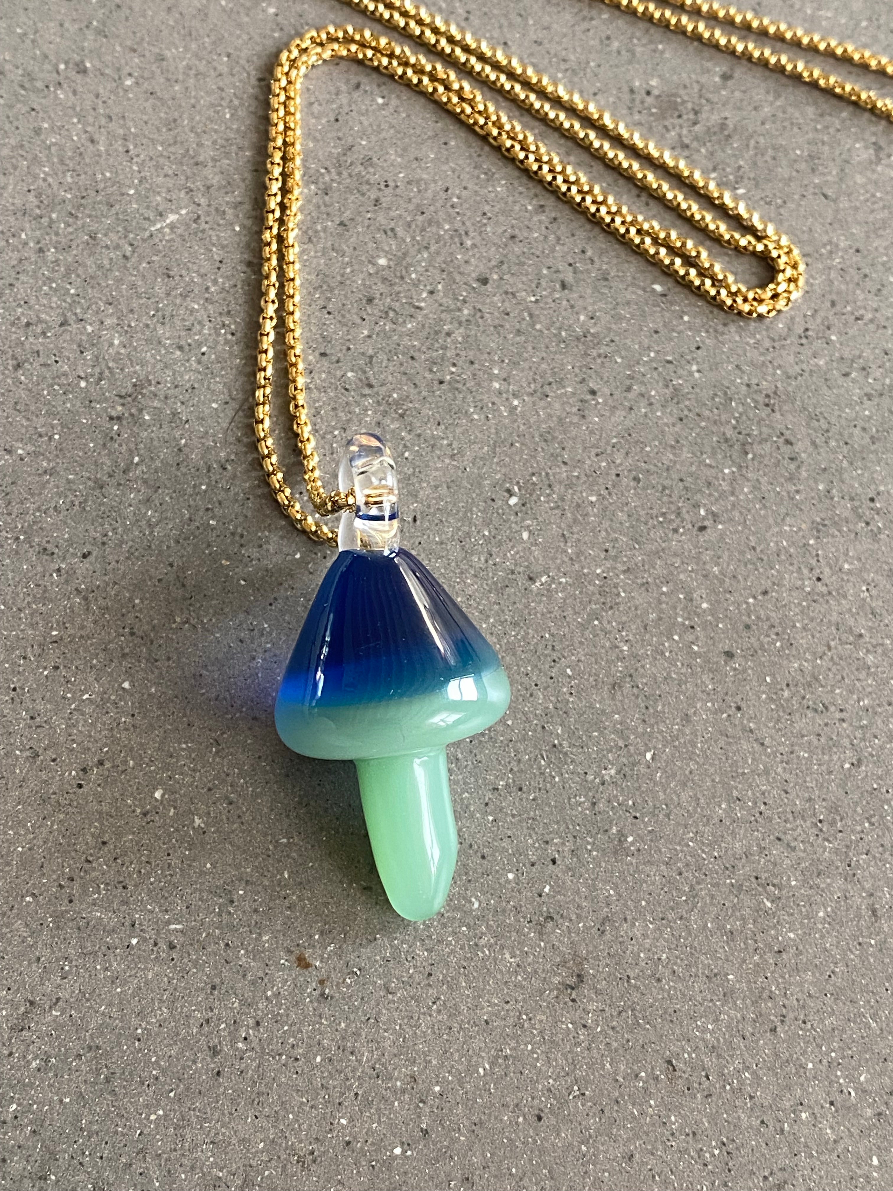 Blue and Green Mushroom Glass Pendant Necklace