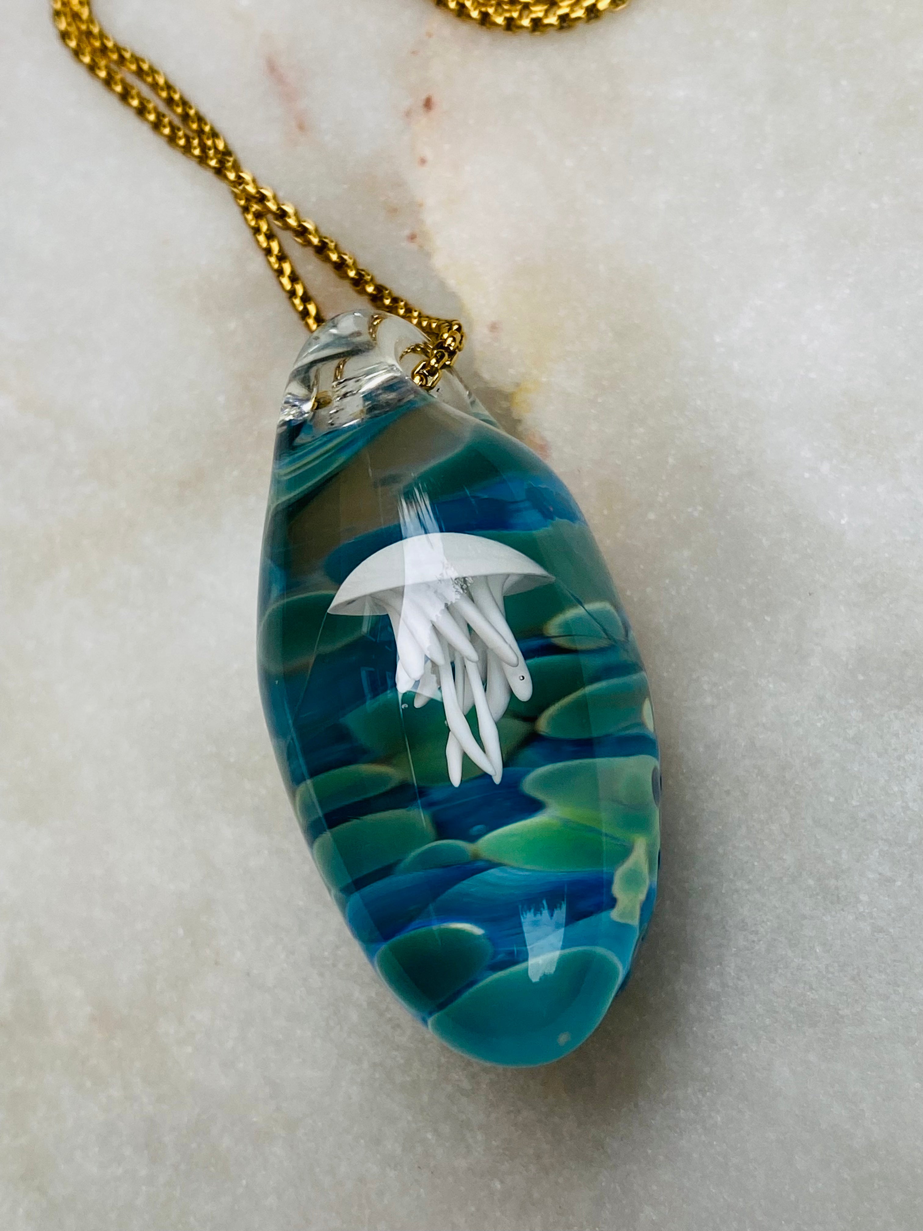 White Blue and Green Jellyfish Pendant