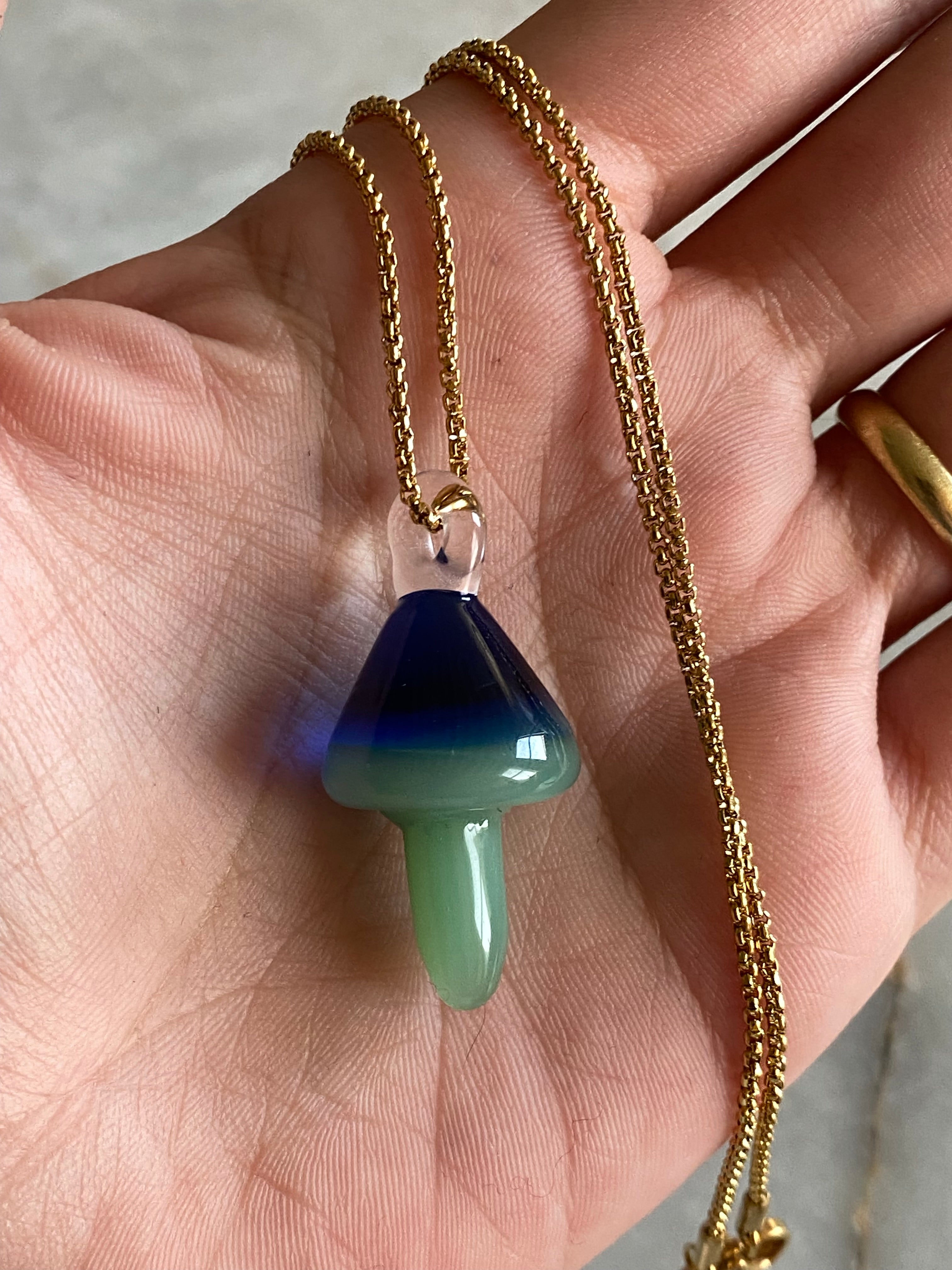 Blue and Green Mushroom Glass Pendant Necklace