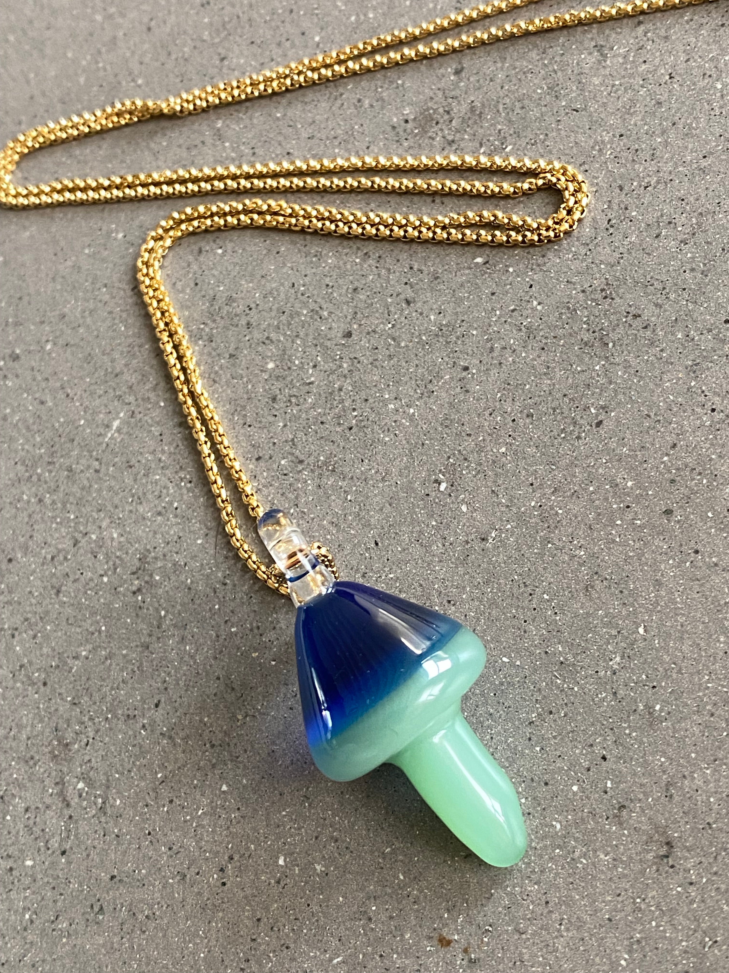 Blue and Green Mushroom Glass Pendant Necklace