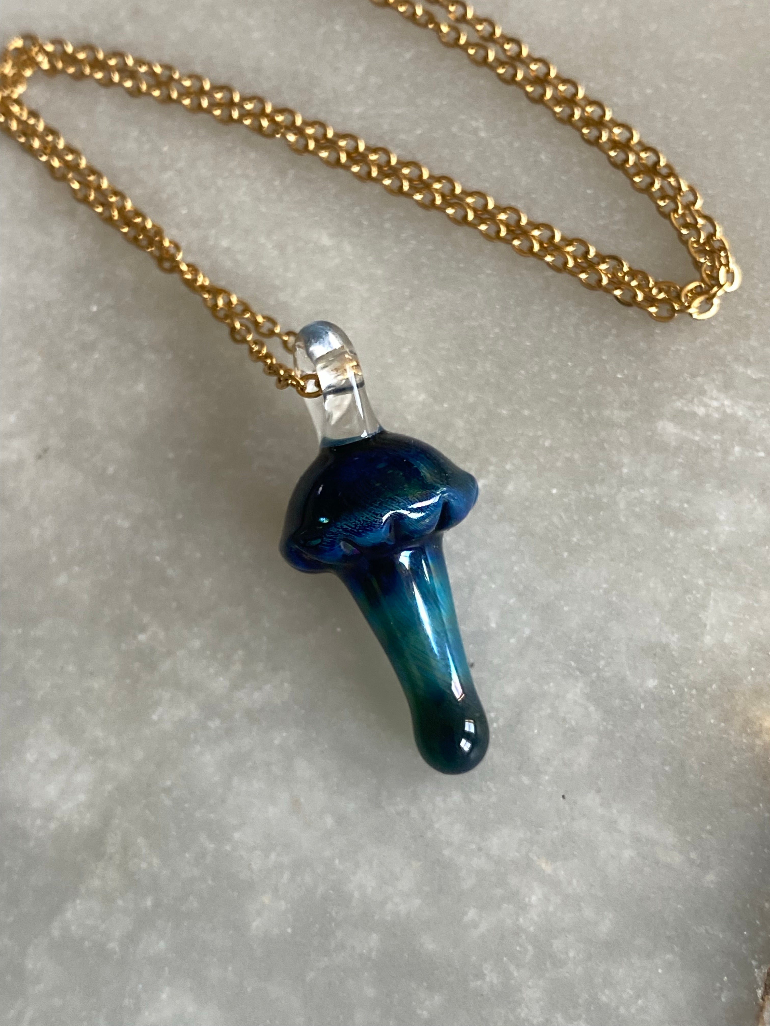 Blue and Dark Green Mushroom Glass Pendant
