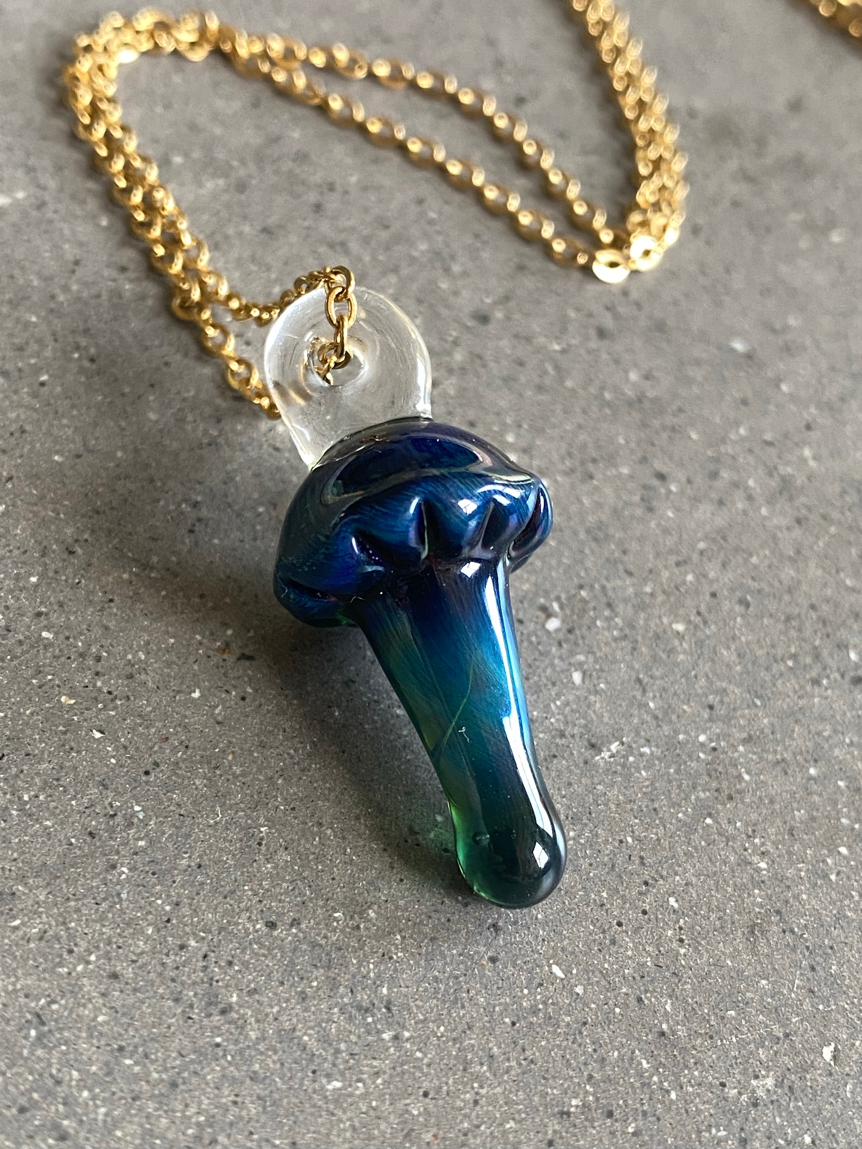 Blue and Dark Green Mushroom Glass Pendant