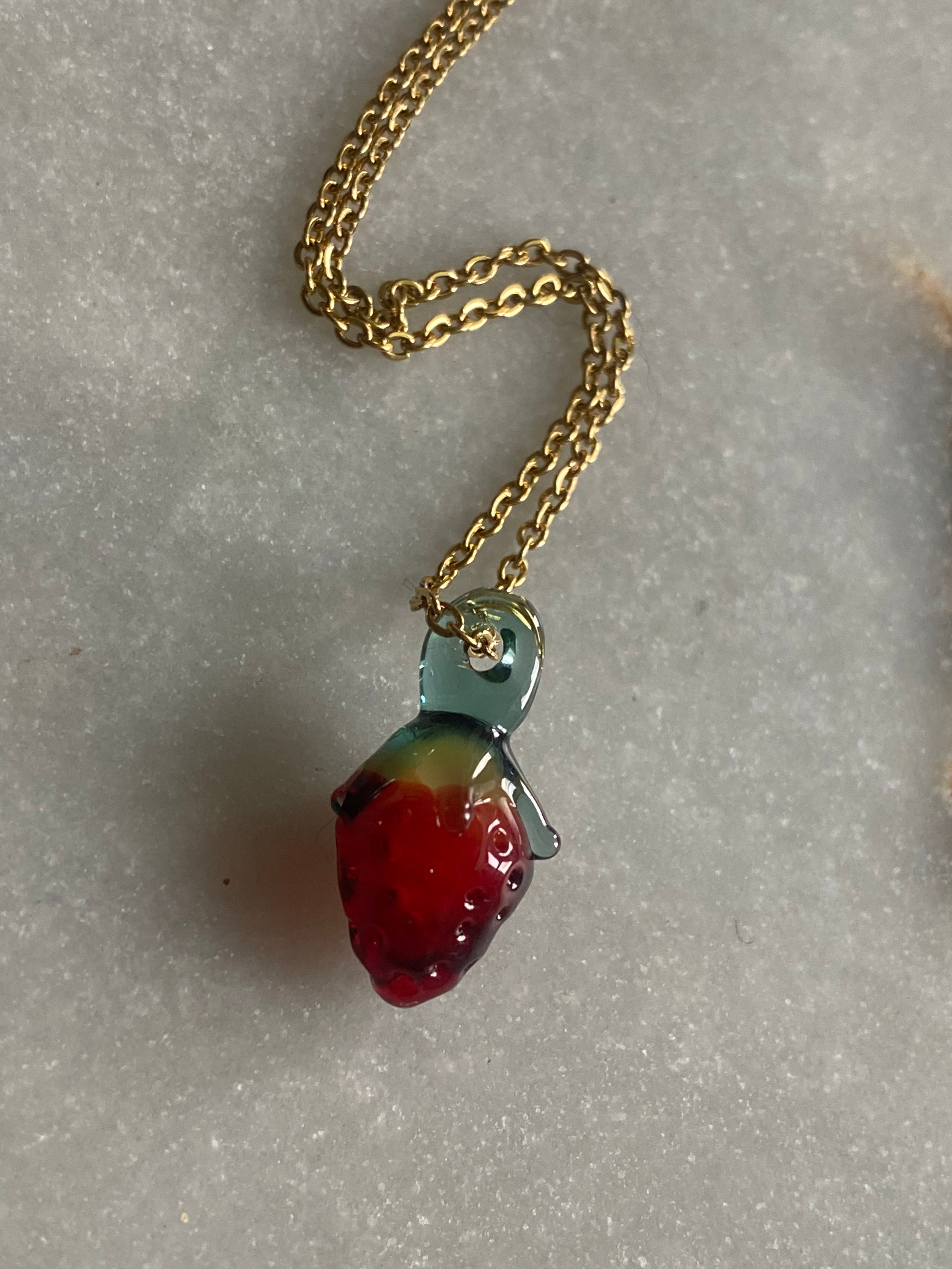 Mini Strawberry Glass Charm Necklace