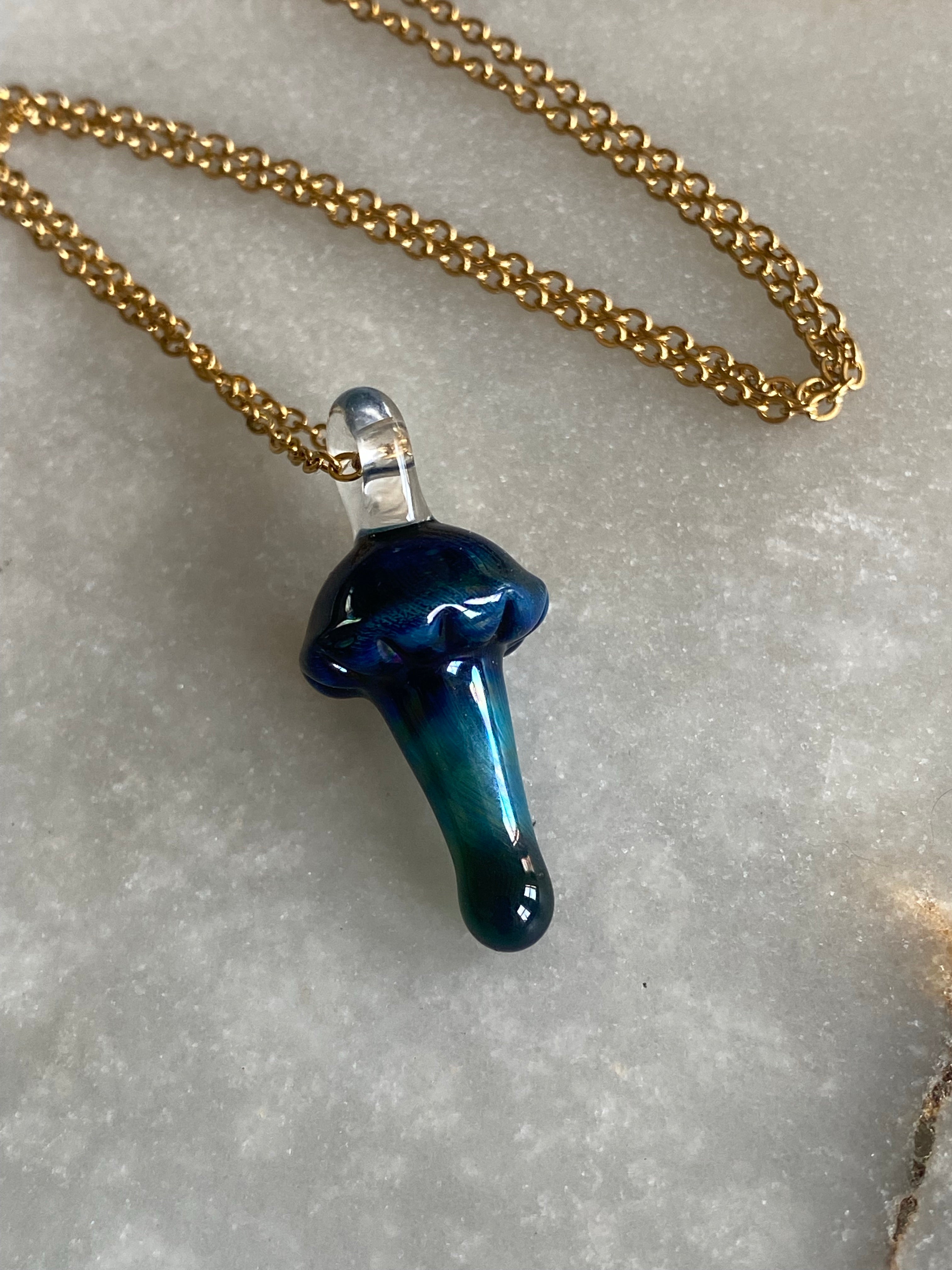 Blue and Dark Green Mushroom Glass Pendant
