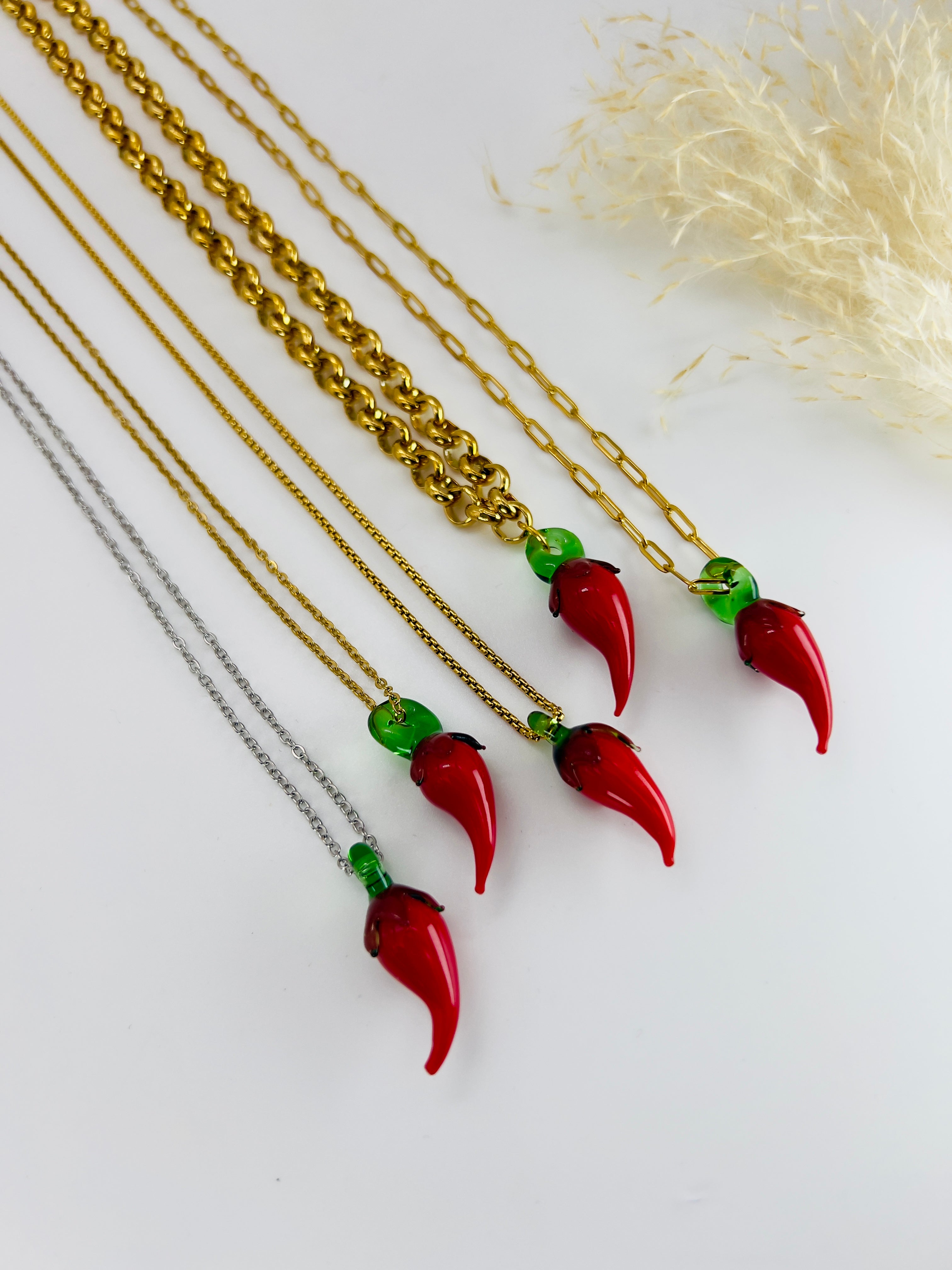 Red Hot Chilli Pepper Miniature Glass Charm Necklace