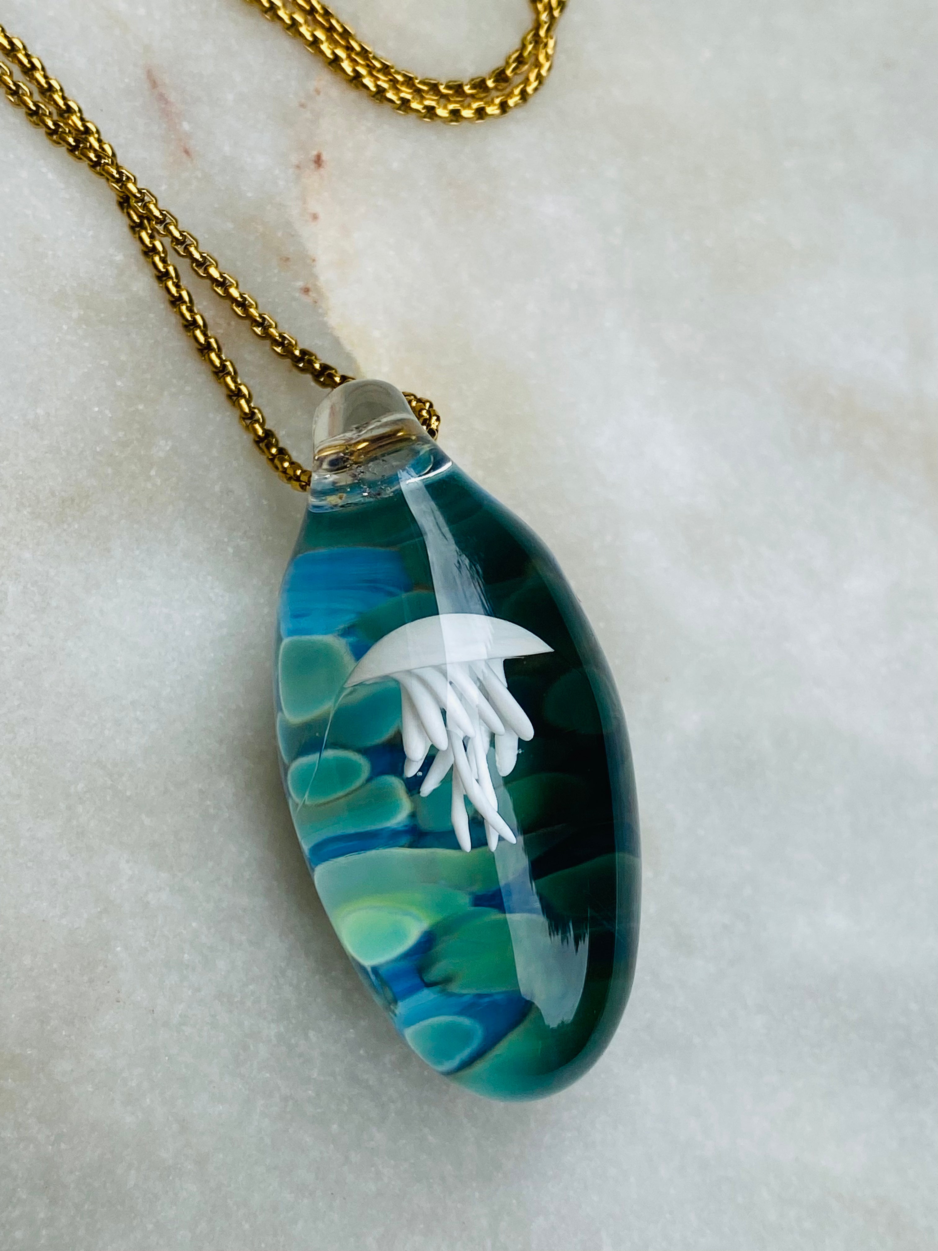 White Blue and Green Jellyfish Pendant